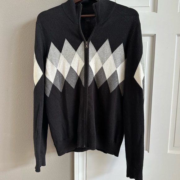 Express Black and White Argyle Zip-Up Sweater - Picture 1 of 3